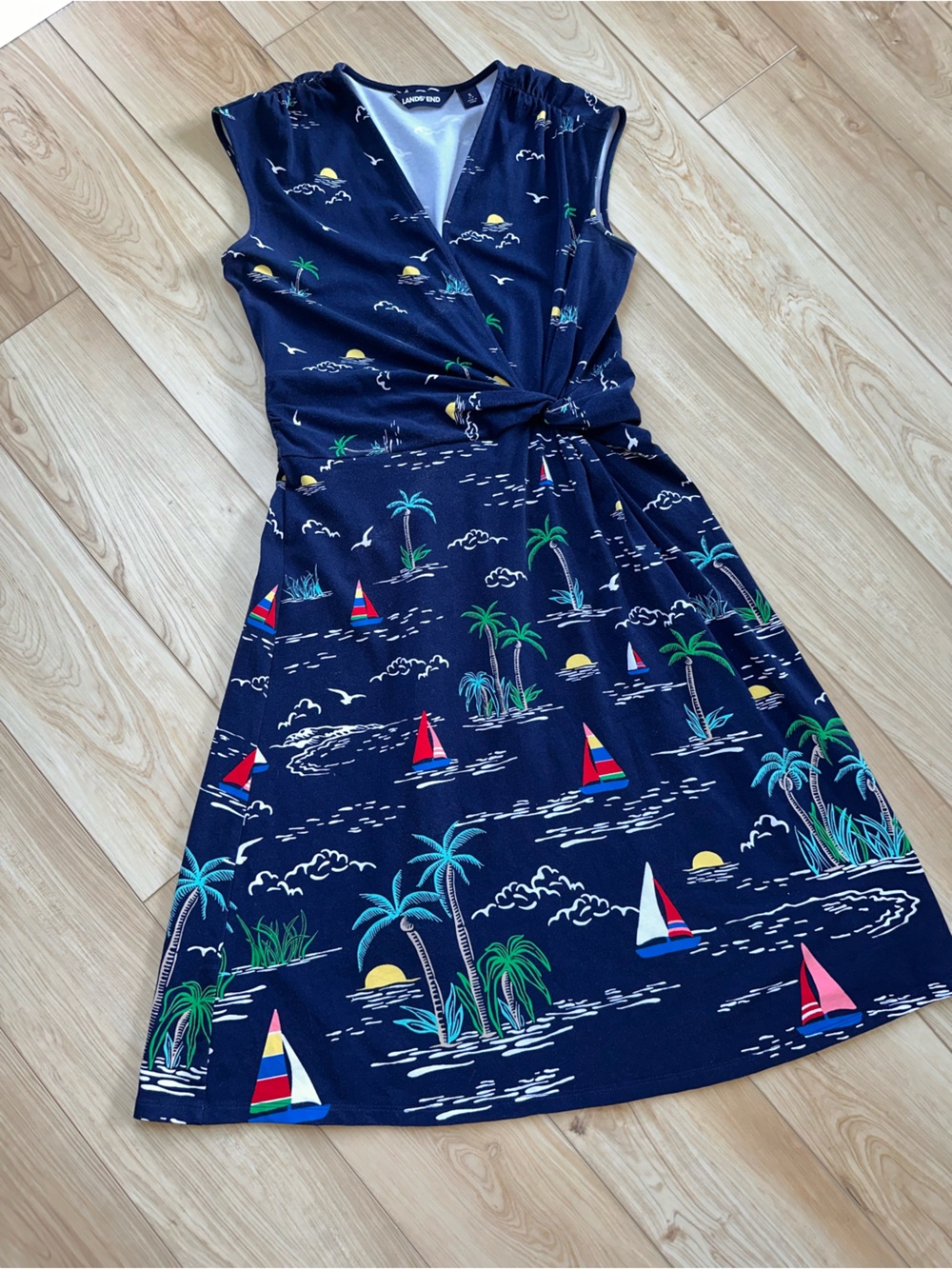 Lands' End Navy Tropical Sailboat Midi Dress